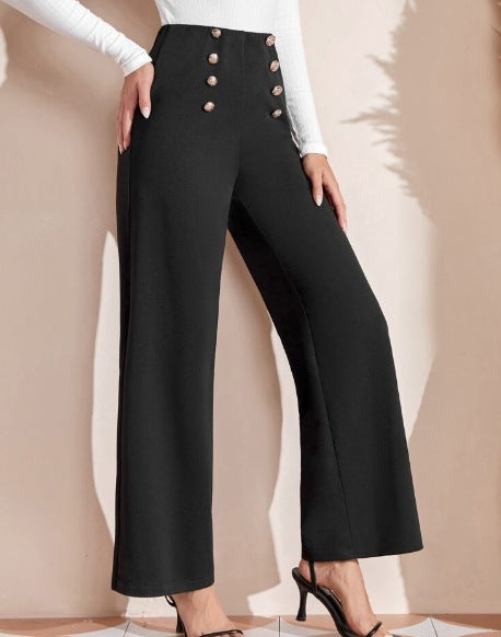 Women's High-Waisted Wide Leg Trousers with Decorative Buttons NOVAE