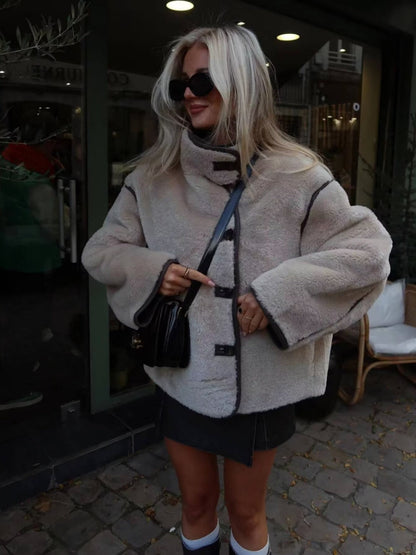 Women's teddy fleece jacket with stylish stand-up collar and practical pockets NOVAE