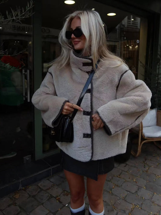 Women's teddy fleece jacket with stylish stand-up collar and practical pockets NOVAE