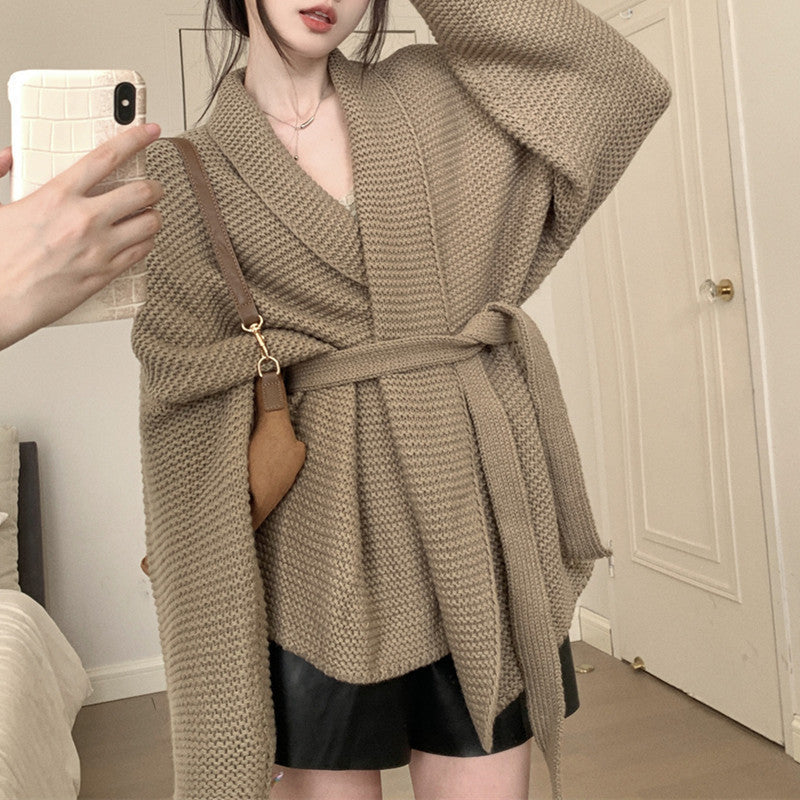 Women's casual knit blazer with belt and voluminous sleeves NOVAE