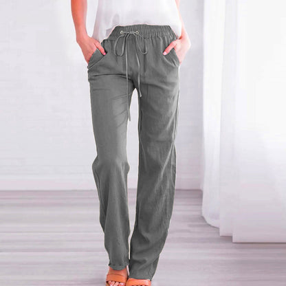 Women's Comfortable Linen Trousers with Elastic Waistband and Pockets NOVAE