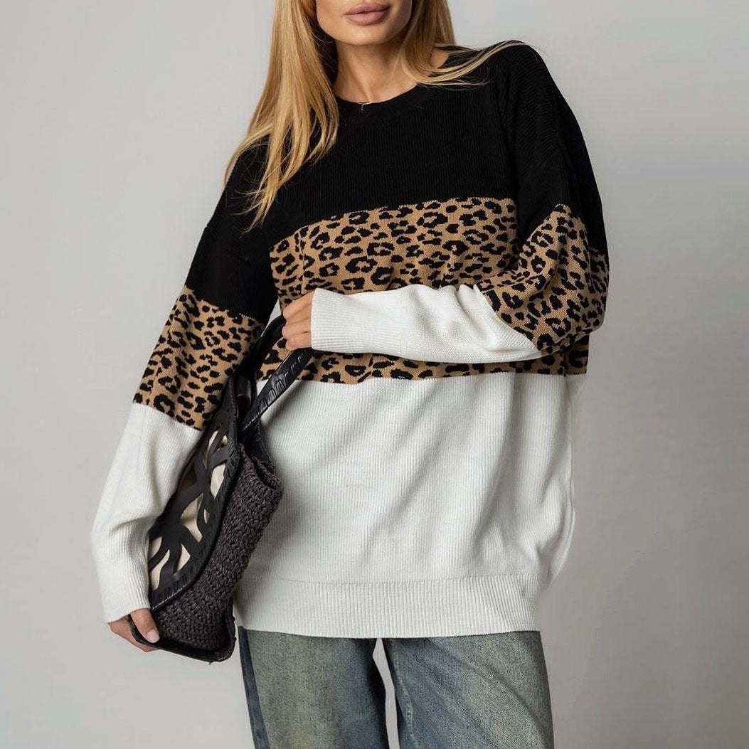 Women's fashionable oversized sweater with animal print and creative color block details NOVAE