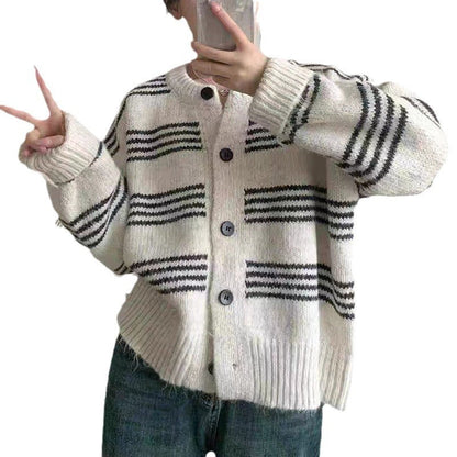 Women's fashionable cardigan with fine striped texture and decorative buttons NOVAE