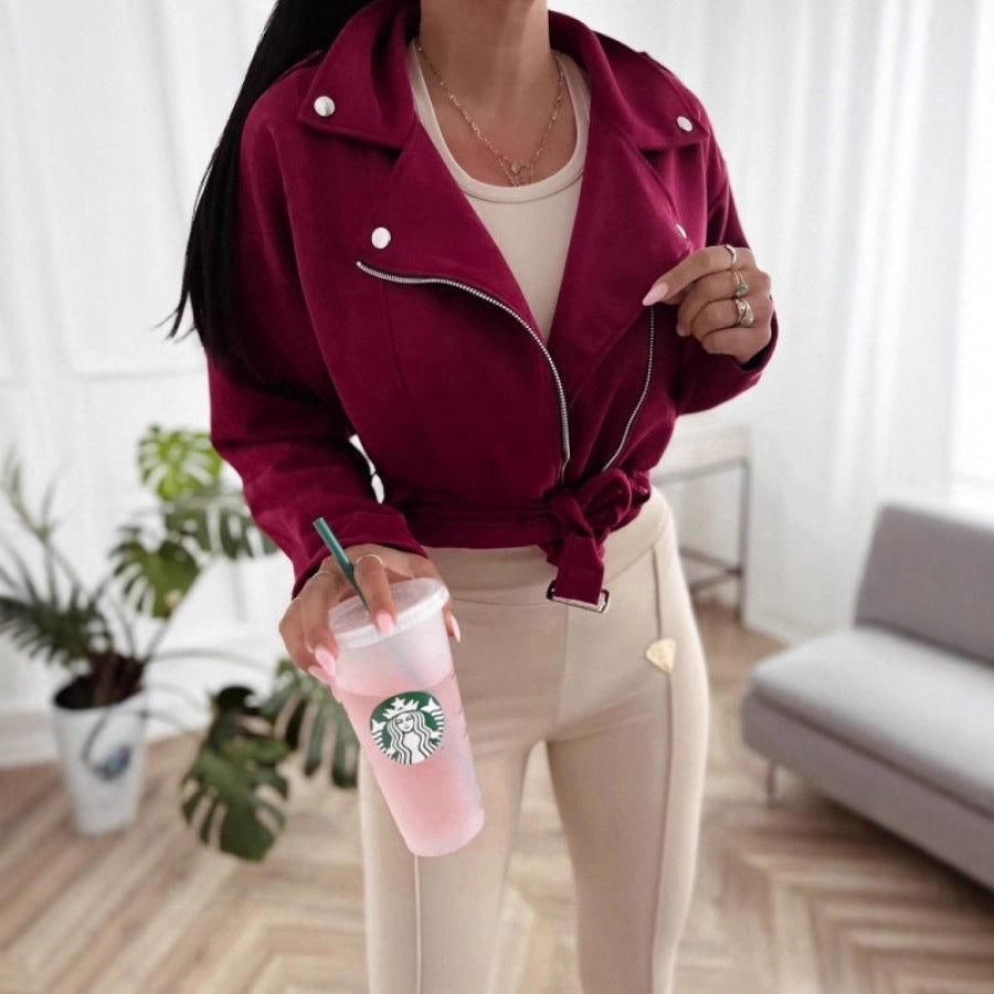 Women's Casual Biker-Style Transitional Jacket with Waist Belt NOVAE