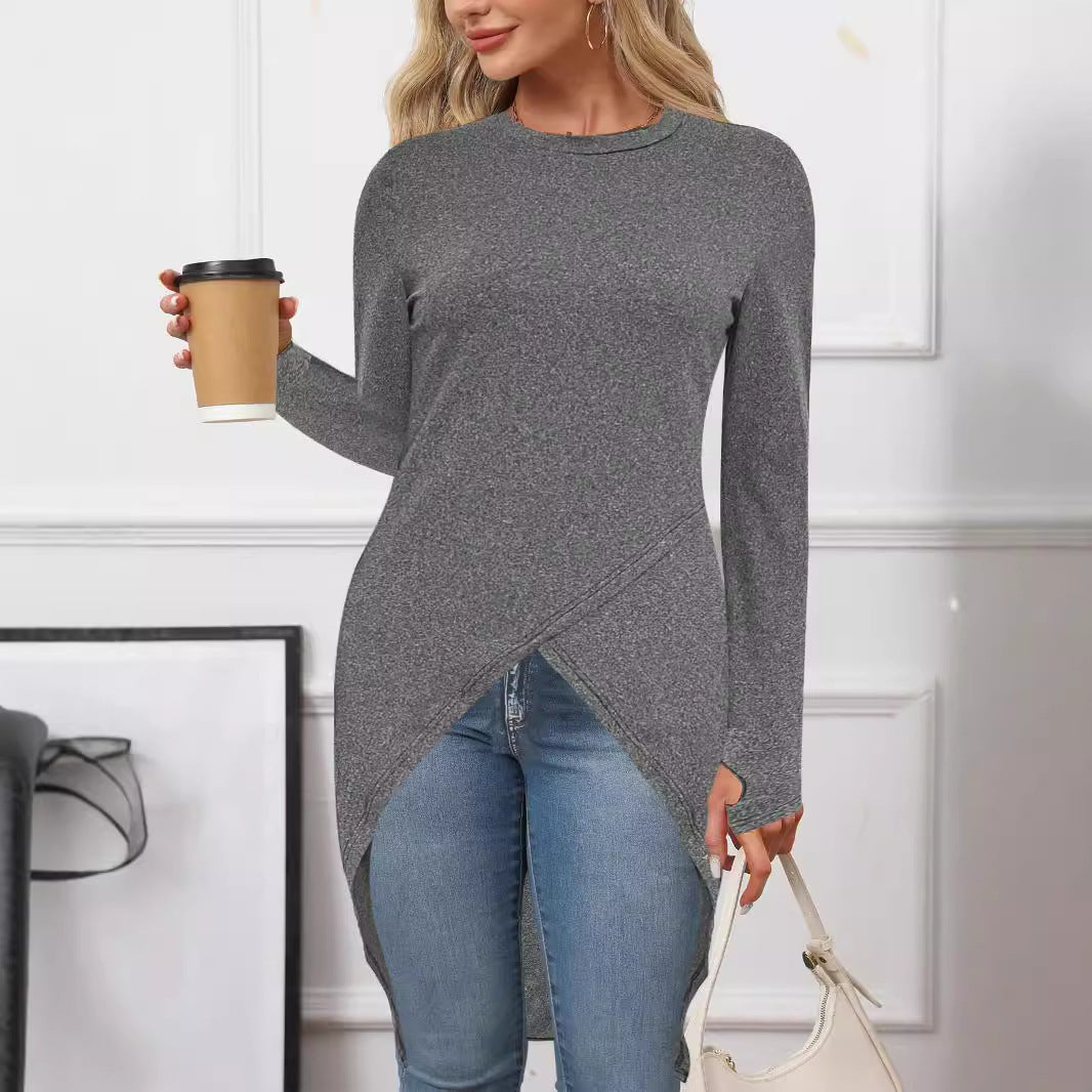 Women's asymmetrical long-sleeved top with fashionable wrap design NOVAE