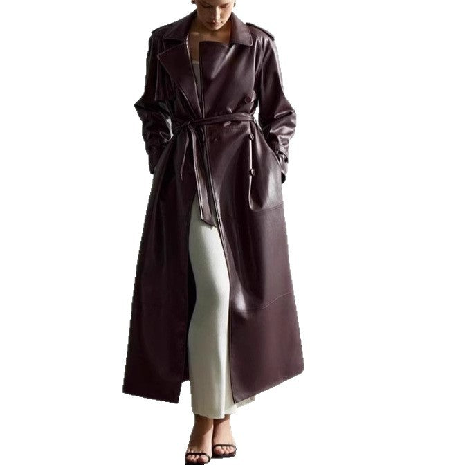 Women's elegant faux leather trench coat jacket with belt and fashionable details NOVAE