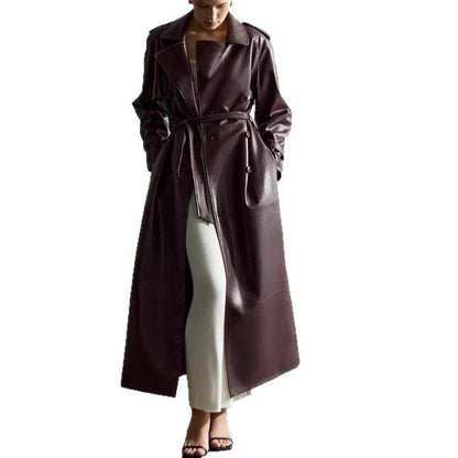 Women's elegant faux leather trench coat jacket with belt and fashionable details NOVAE