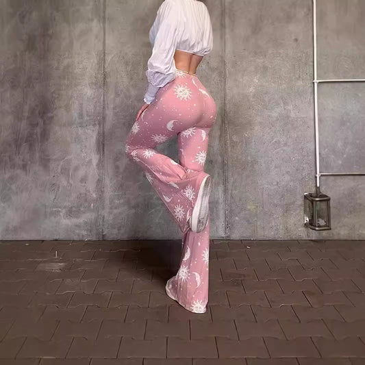 Women's bootcut trousers with artistic moon and sun design NOVAE