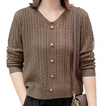 Women's cardigan with a fine cable knit pattern and elegant pearl buttons NOVAE