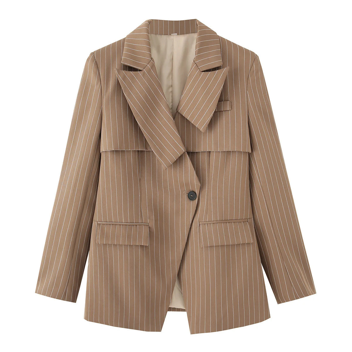 Women's fashionable blazer jacket with asymmetrical collar and elegant pinstripes NOVAE