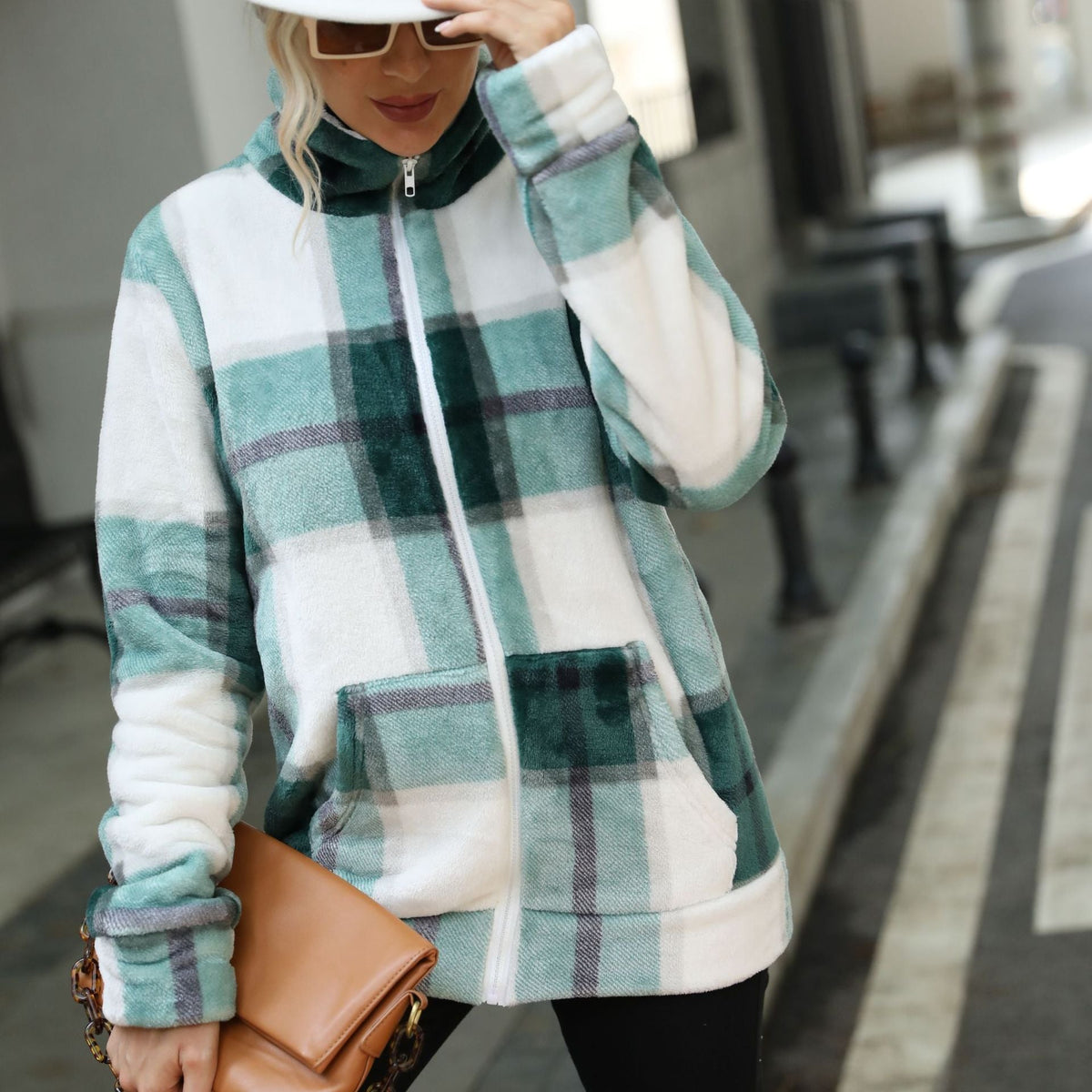 Women's fleece jacket with modern check pattern and high collar NOVAE