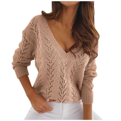 Women's knitted sweater with crochet pattern and V-neck NOVAE