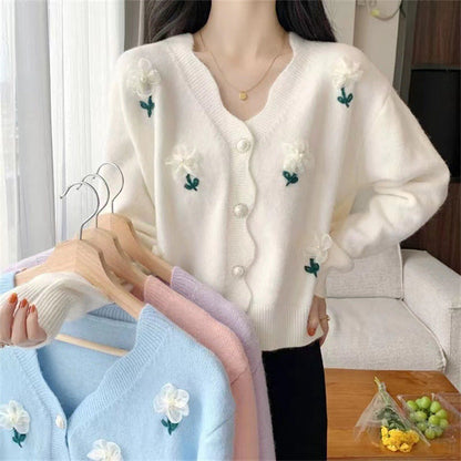 Women's cardigan with floral design and elegant pearl buttons NOVAE