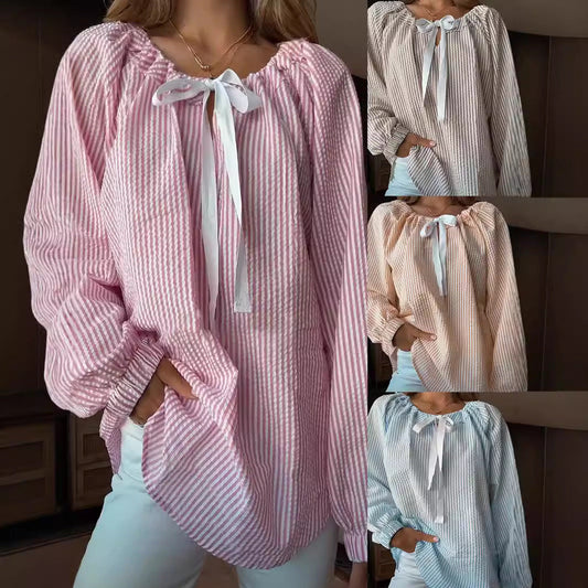 Women's blouse with elasticated neckline and bow tie NOVAE