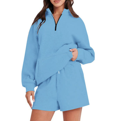 Women's Casual Sweatshirt Set with High Collar and Short Shorts NOVAE