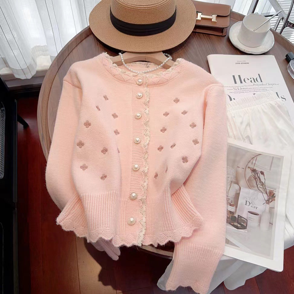 Women's cardigan with decorative pearl buttons and delicate ribbed texture NOVAE