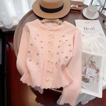 Women's cardigan with decorative pearl buttons and delicate ribbed texture NOVAE