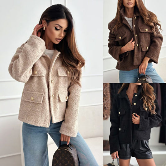 Women's Fluffy Fleece Jacket with Decorative Pockets and Gold Buttons NOVAE