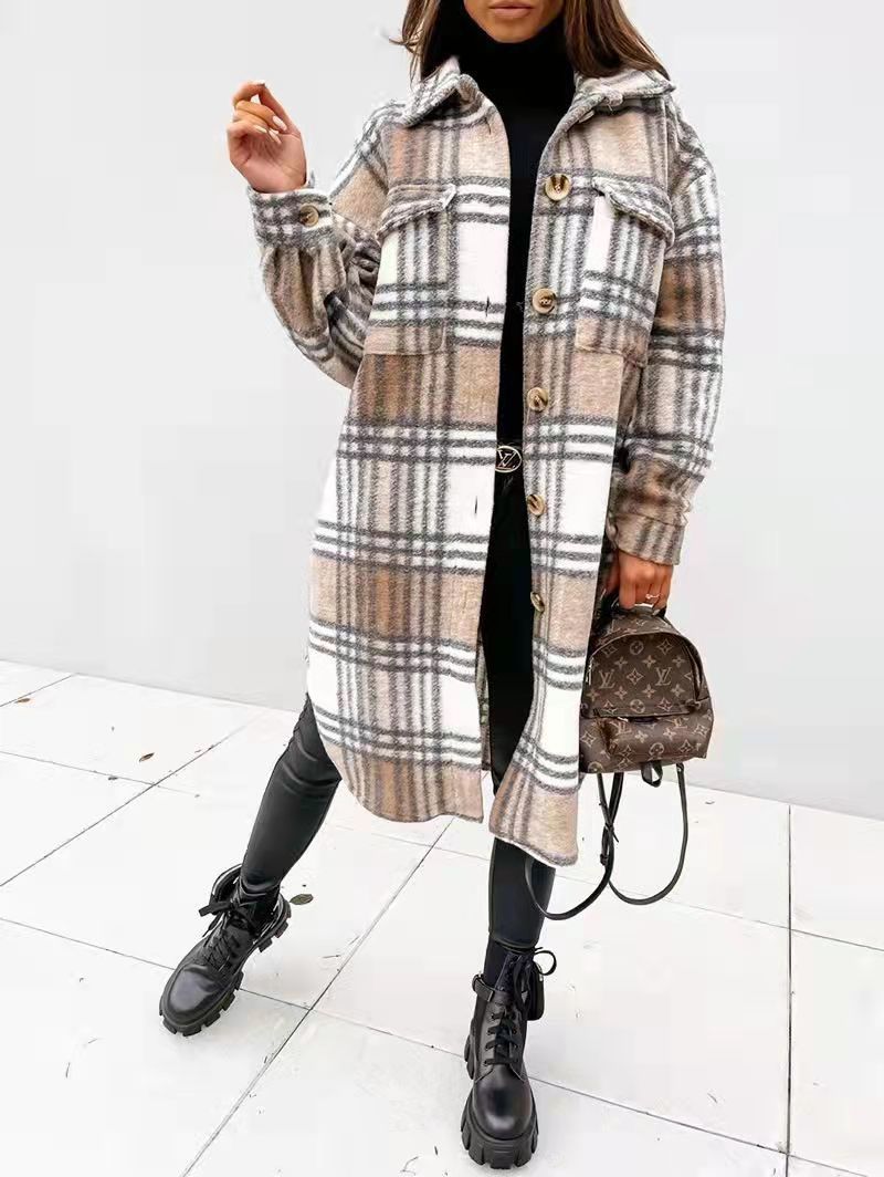 Women's Checkered Oversized Shirt Coat with Practical Pockets NOVAE