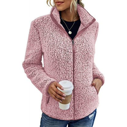 Women's fluffy fleece jacket with high collar and side pockets NOVAE