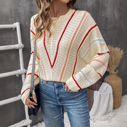 Women's knitted sweater with modern openwork pattern and decorative stripes NOVAE