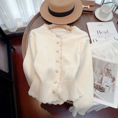 Women's cardigan with decorative pearl buttons and delicate ribbed texture NOVAE