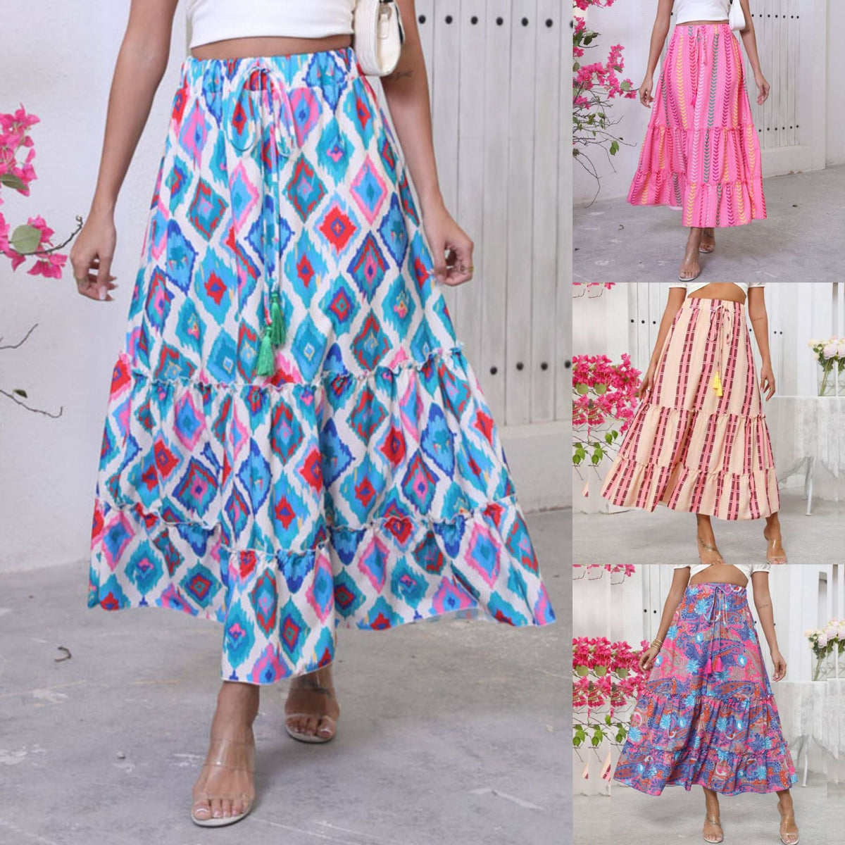 Women's long maxi skirt with cheerful tiered design and elastic waistband NOVAE