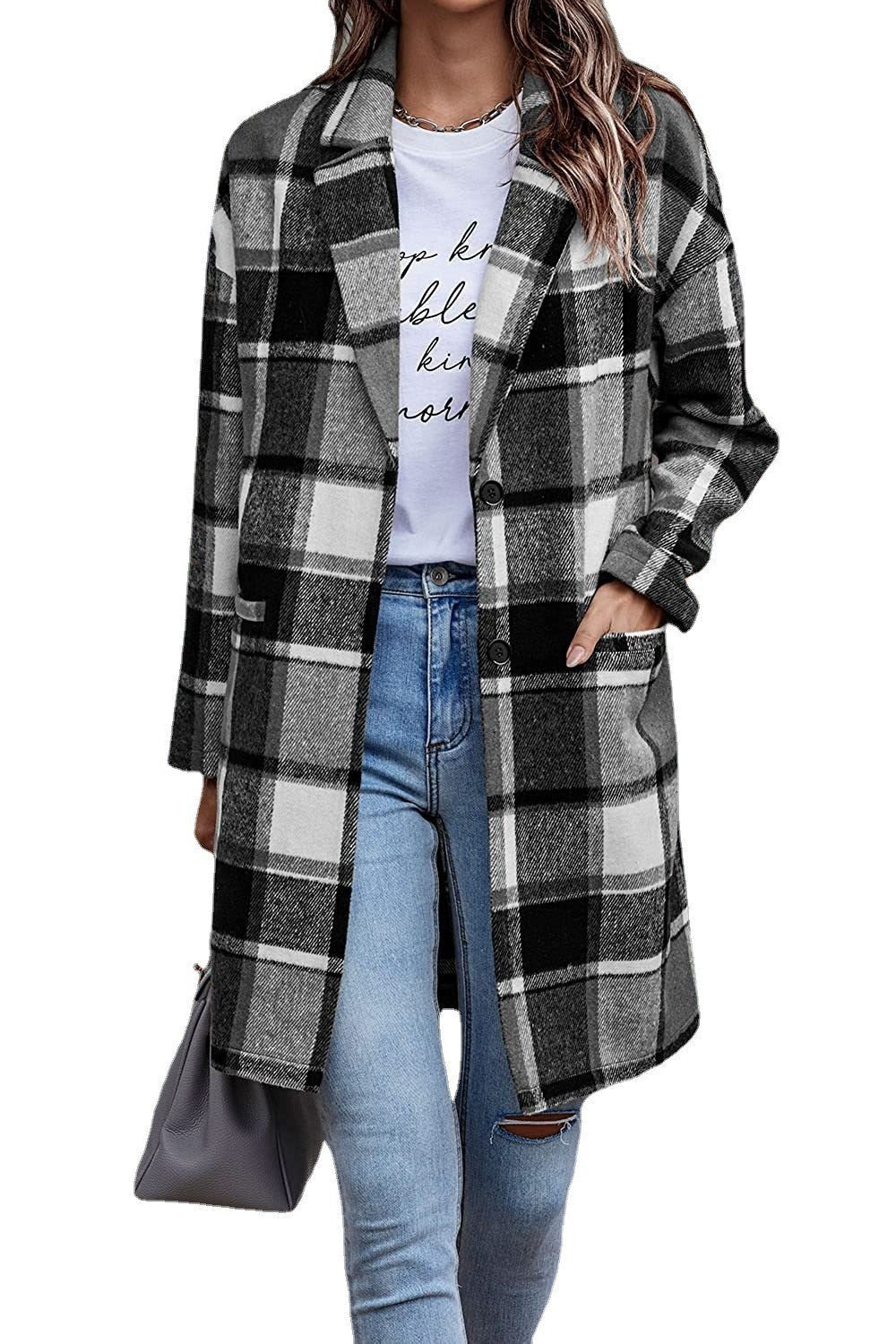 Women's Checked Oversized Coat with Stylish Pockets and Turn-Down Collar NOVAE