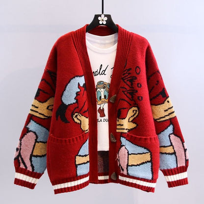 Women's Cartoon Design Cardigan with Wide Sleeves and Pockets NOVAE