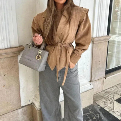 Women's Fashionable Suede Jacket with Waist Belt NOVAE