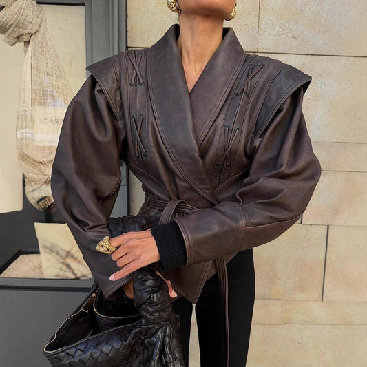 Women's elegant faux leather wrap jacket with decorative details NOVAE