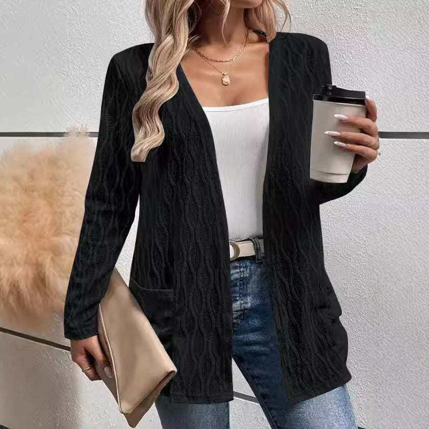 Women's cardigan with sophisticated wave pattern and practical pockets NOVAE