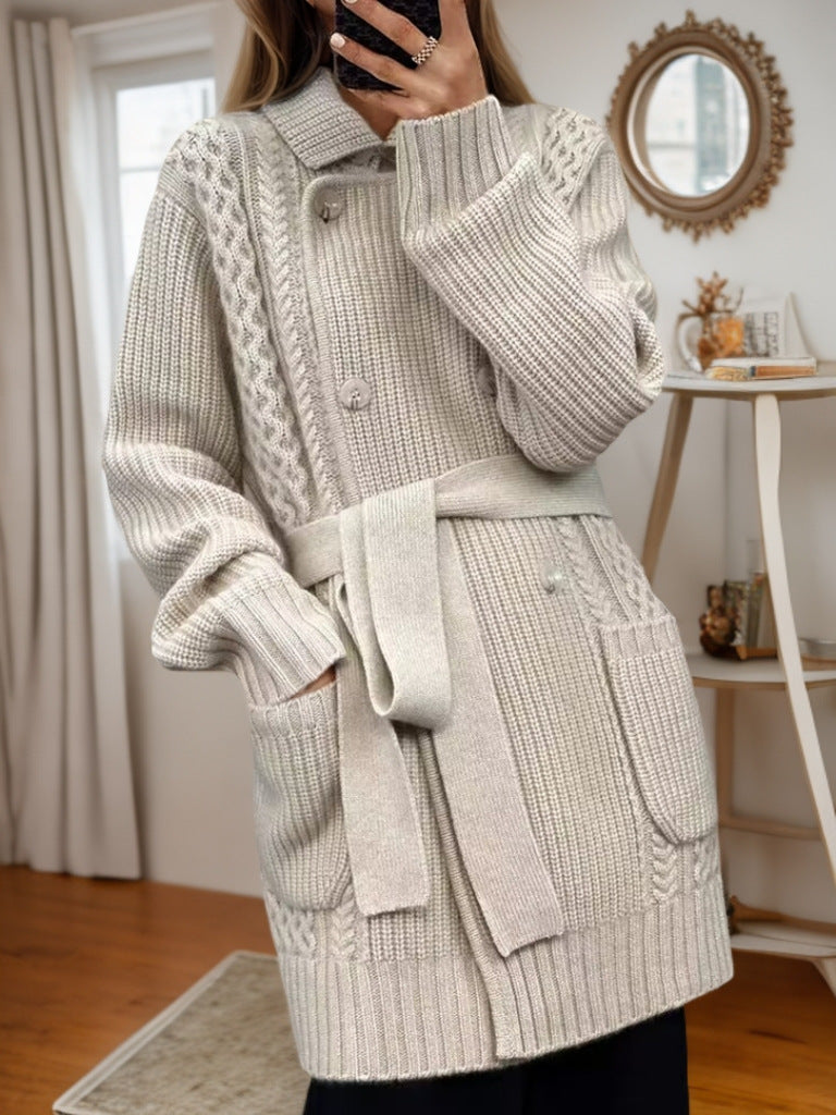 Women's cardigan with adjustable belt and structured cable knit pattern NOVAE