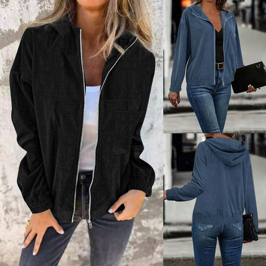 Women's cropped hooded jacket made of high-quality corduroy fabric with practical pockets and elastic cuffs NOVAE
