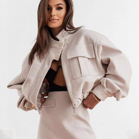 Women's casual transitional jacket with voluminous sleeves and decorative button details NOVAE