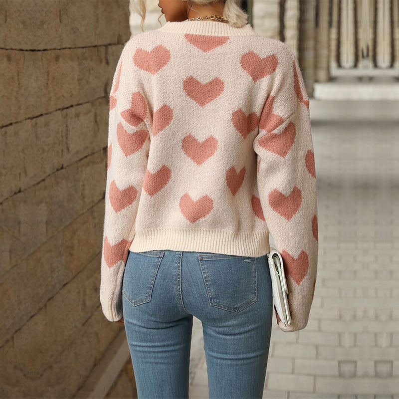 Women's knitted sweater with heart pattern and relaxed fit NOVAE