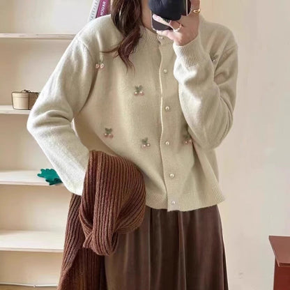 Women's cardigan with delicate pearl and flower appliqués NOVAE