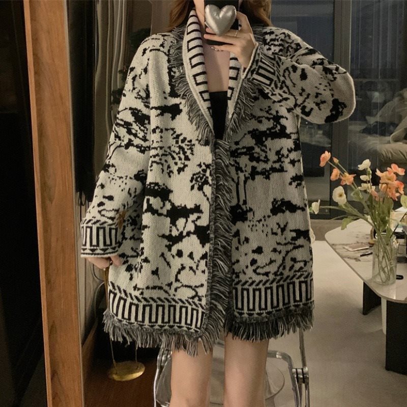 Women's fringed cardigan with graphic pattern and open fronts NOVAE