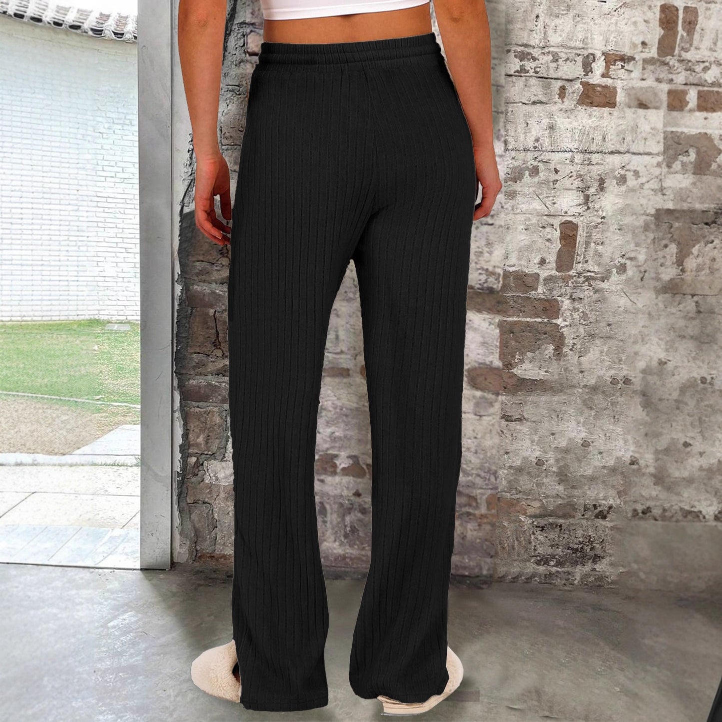 Women's Soft Ribbed Knit Trousers with Elastic Waistband and Practical Pockets NOVAE