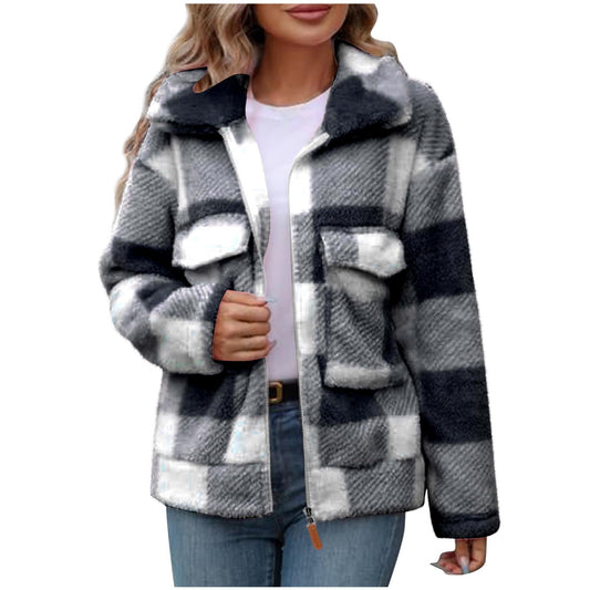 Women's fleece jacket with check pattern and practical pockets NOVAE