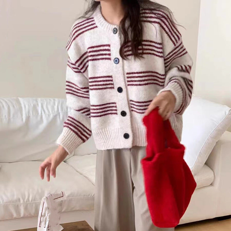 Women's fashionable cardigan with fine striped texture and decorative buttons NOVAE