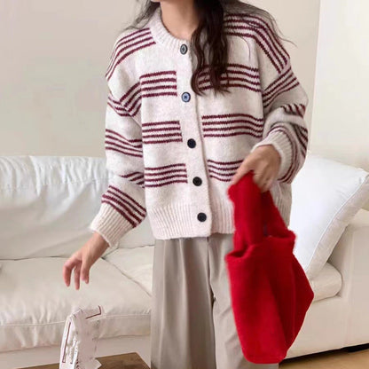 Women's fashionable cardigan with fine striped texture and decorative buttons NOVAE
