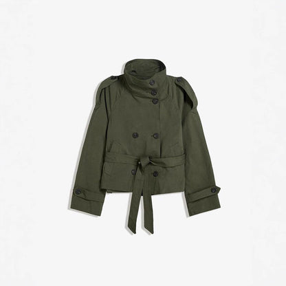 Women's fashionable trench jacket with waist belt and stand-up collar NOVAE