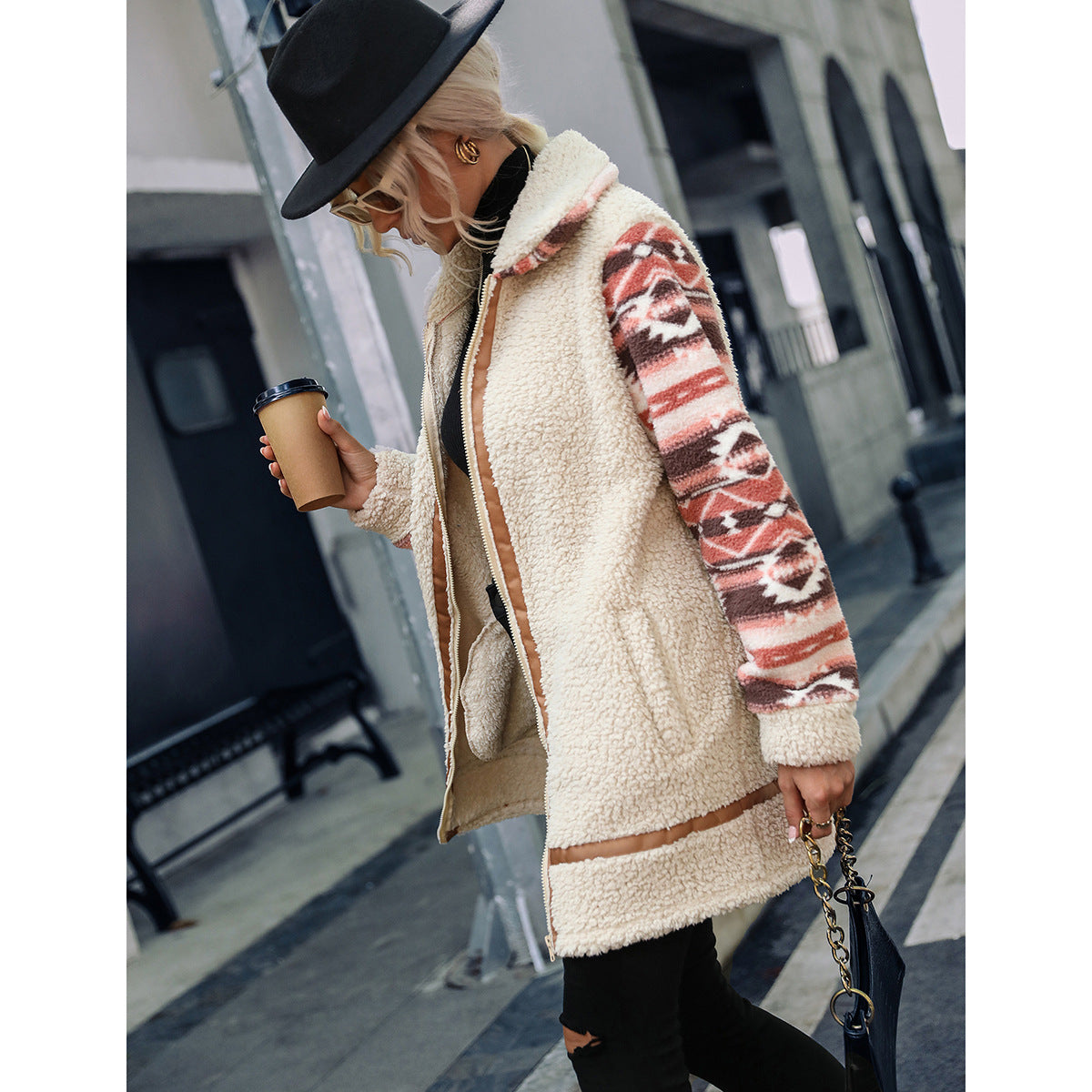 Women's fleece-lined long jacket with fashionable pattern and practical integrated pockets NOVAE