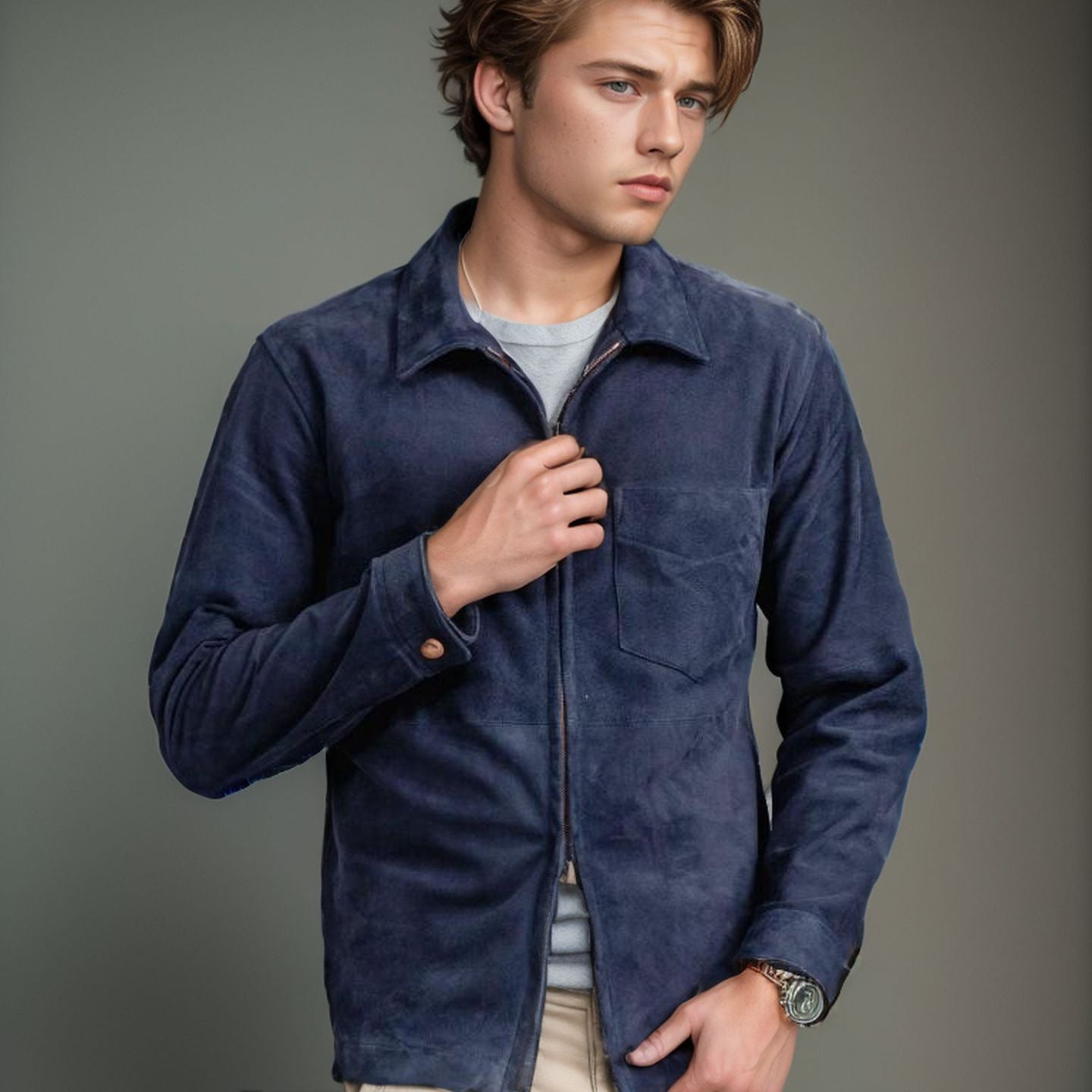 Men's stylish and casual suede jacket with stand-up collar NOVAE