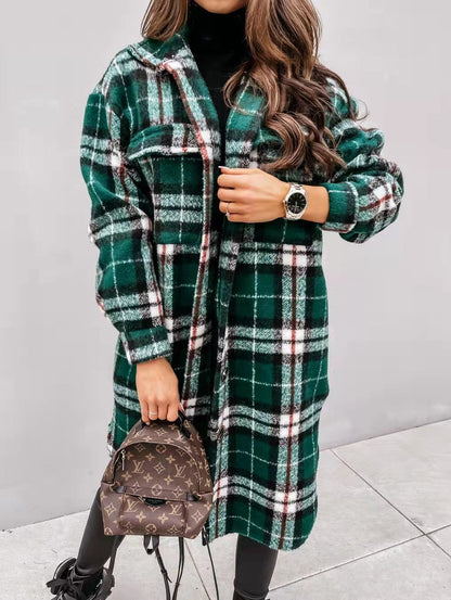 Women's Checkered Oversized Shirt Coat with Practical Pockets NOVAE