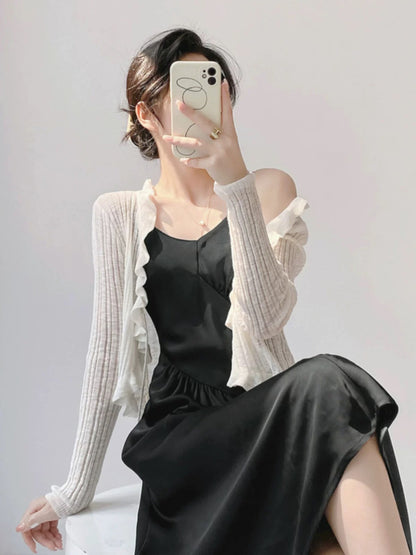 Women's cardigan with ruffle details and airy structure NOVAE