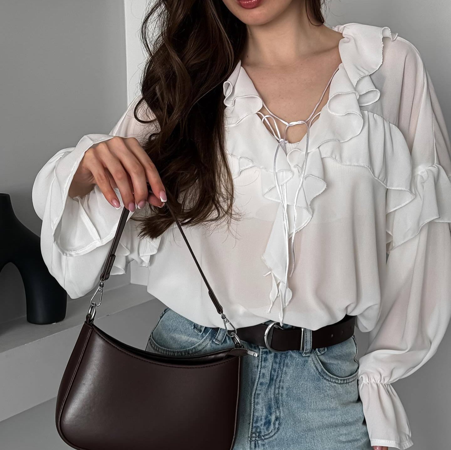 Women's blouse with playful flounce and tie belt NOVAE