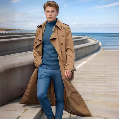 Men's long trench coat with a modern cut and practical pockets NOVAE