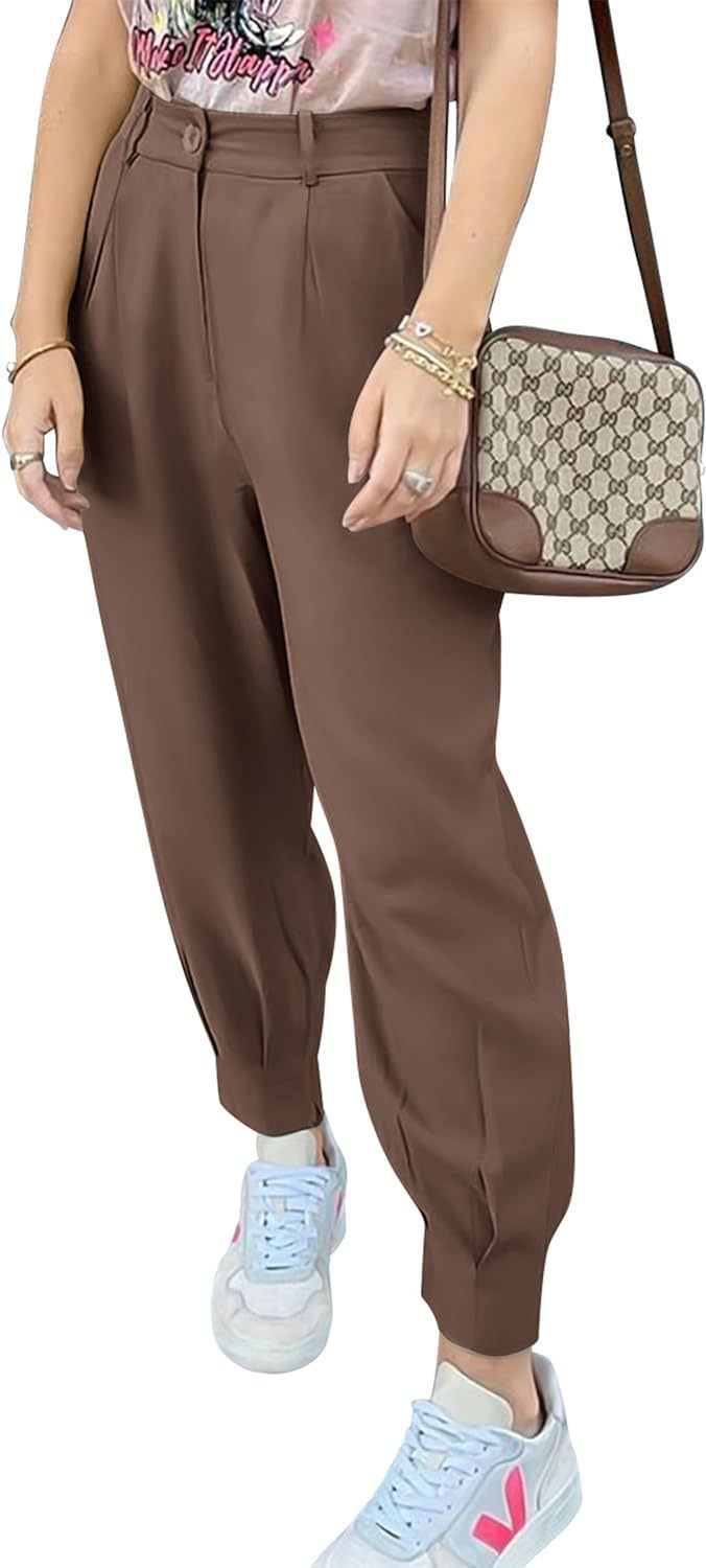 Women's elegant and fashionable high-waisted trousers with pleats and side pockets NOVAE